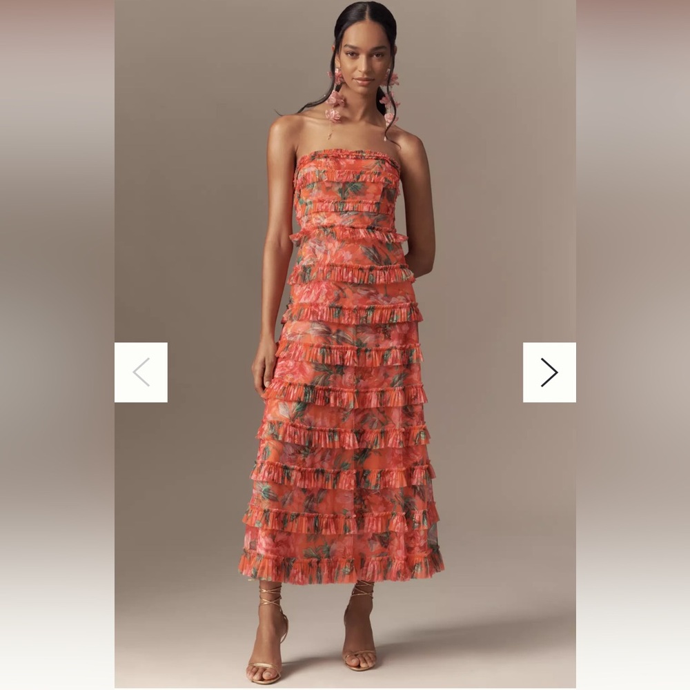 Mac Duggal Orange Pink Ruffled Tiered Sundress LIKE NEW
